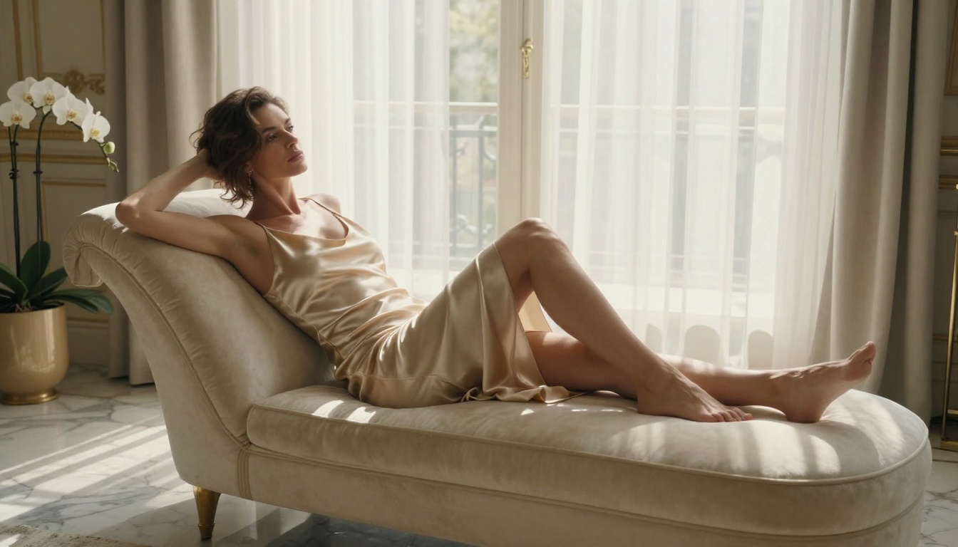 Woman reclining in Parisian apartment, champagne slip dress, warm afternoon light