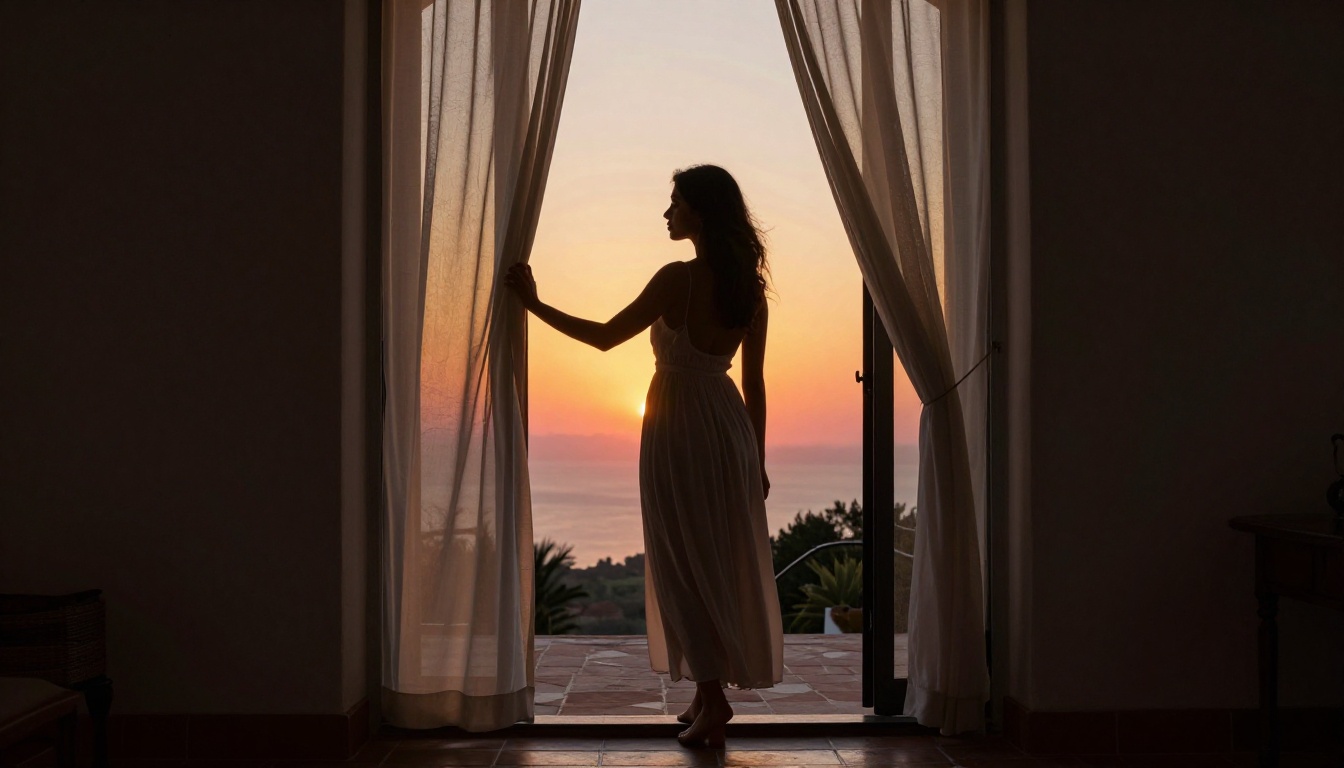 Silhouette of woman in Mediterranean villa doorway, backlit by amber sunset Silhouette of woman in Mediterranean villa doorway, backlit by amber sunset
