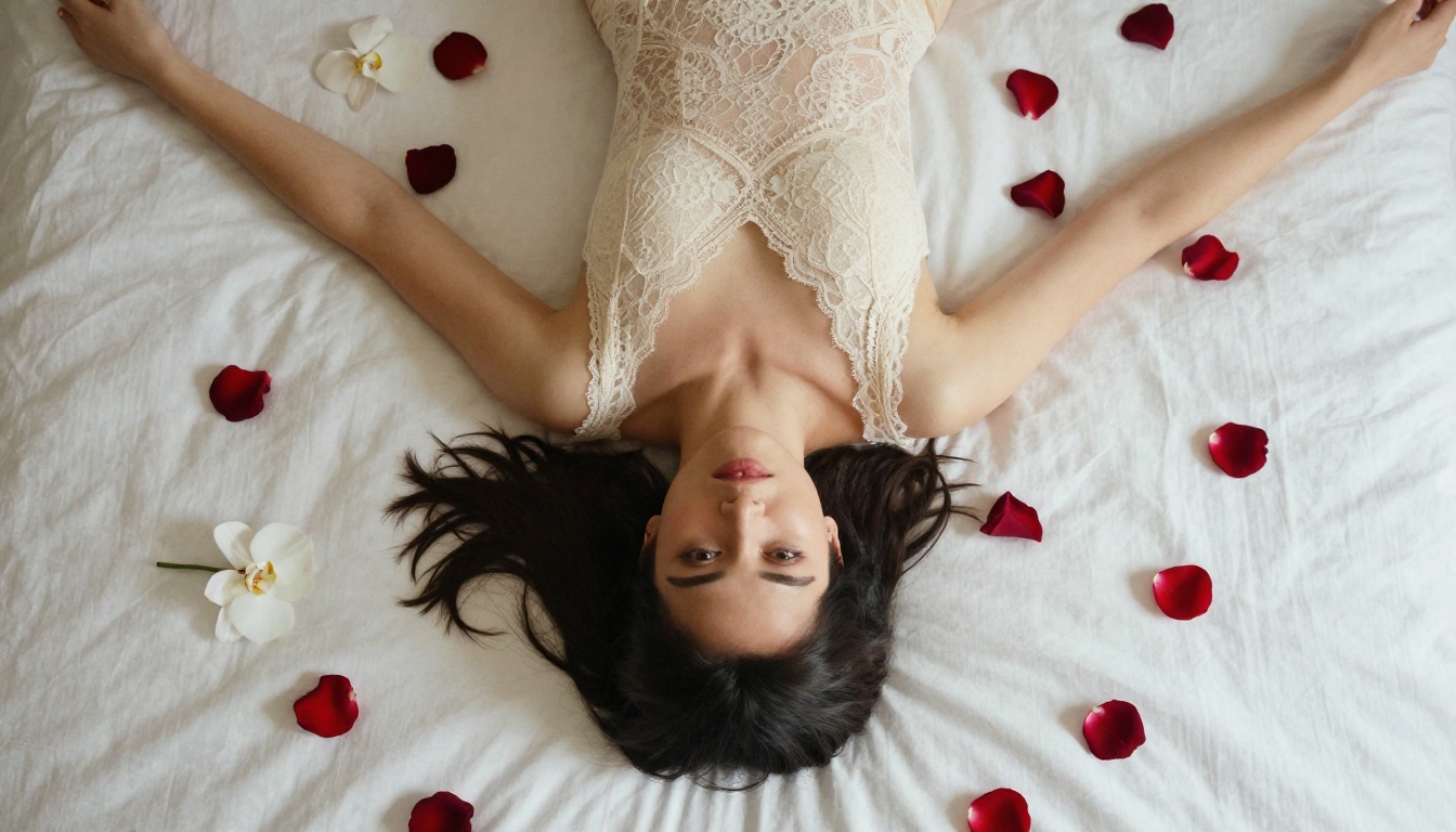 Overhead aerial view of woman on white linen surrounded by rose petals