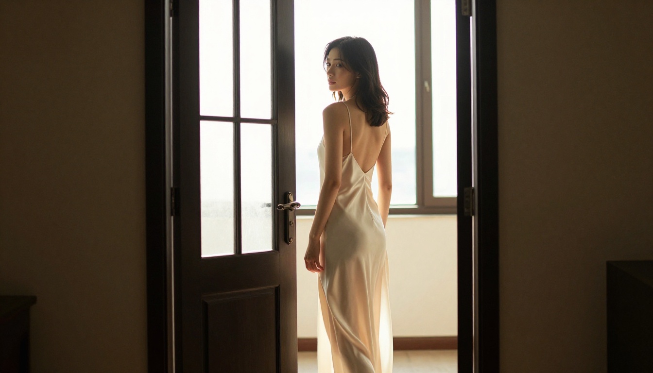 Elegant woman in silk dress in doorway with backlight