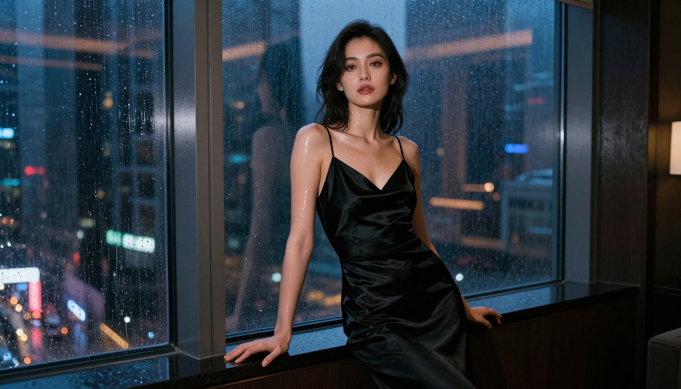 Stunning woman in black satin slip dress standing at rain-streaked window with city light reflections