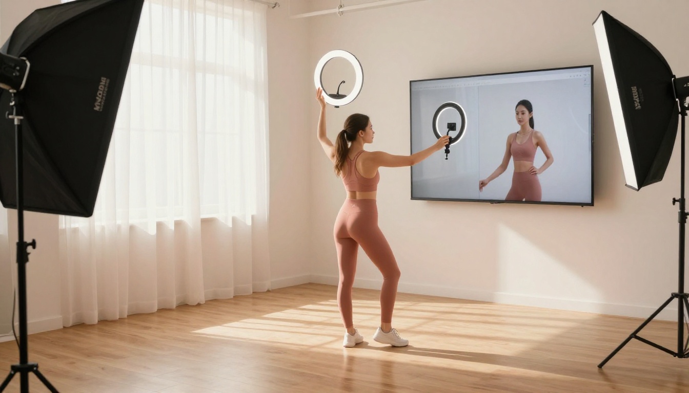 Professional female content creator in minimalist photography studio