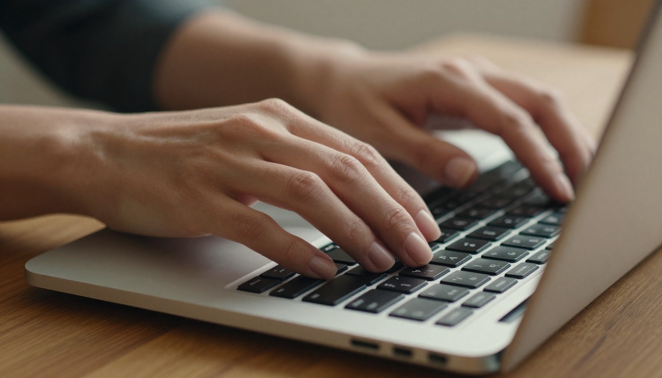 Close-up hands working on AI content creation laptop