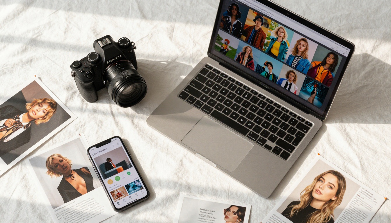 Aerial view of professional content creation workspace flat lay