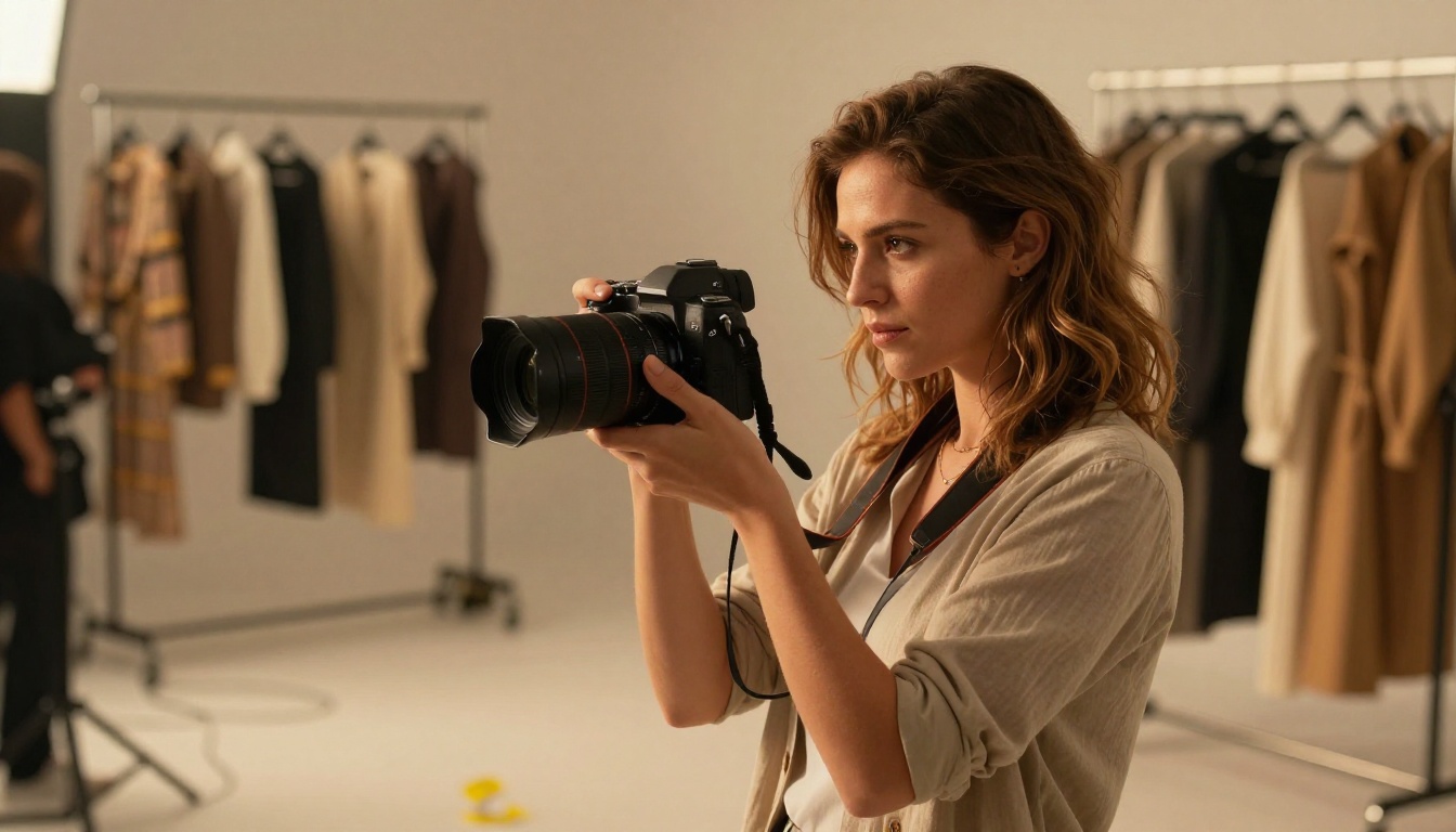 Female content creator reviewing professional photoshoot backstage Female content creator reviewing professional photoshoot backstage