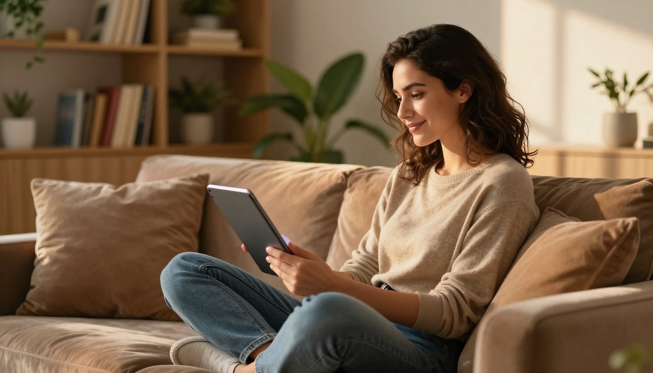 Woman browsing AI image gallery on tablet in warm lifestyle setting Woman browsing AI image gallery on tablet in warm lifestyle setting