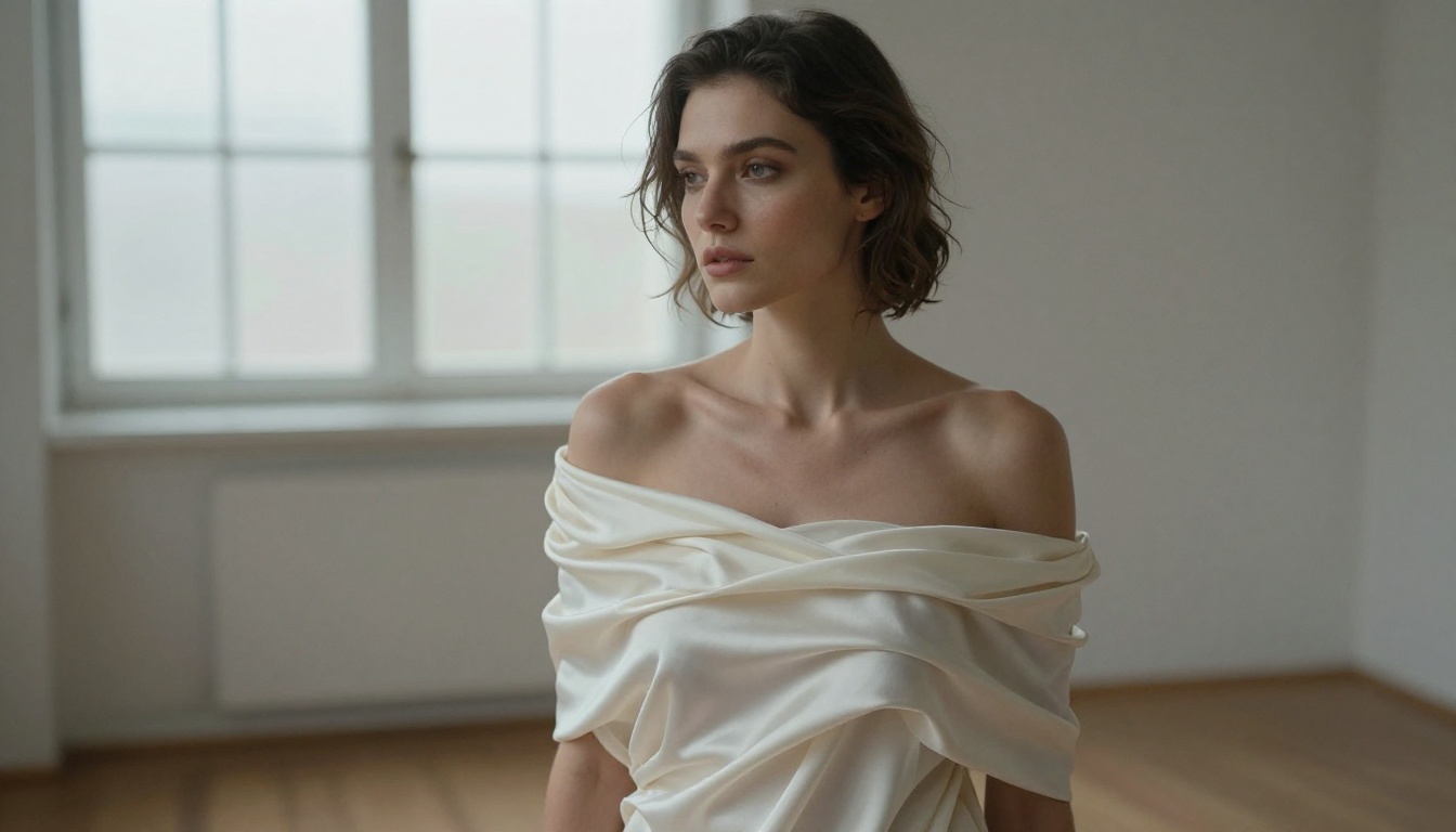 Artistic portrait of beautiful woman draped in ivory silk sheet standing near north-facing studio window with soft overcast daylight