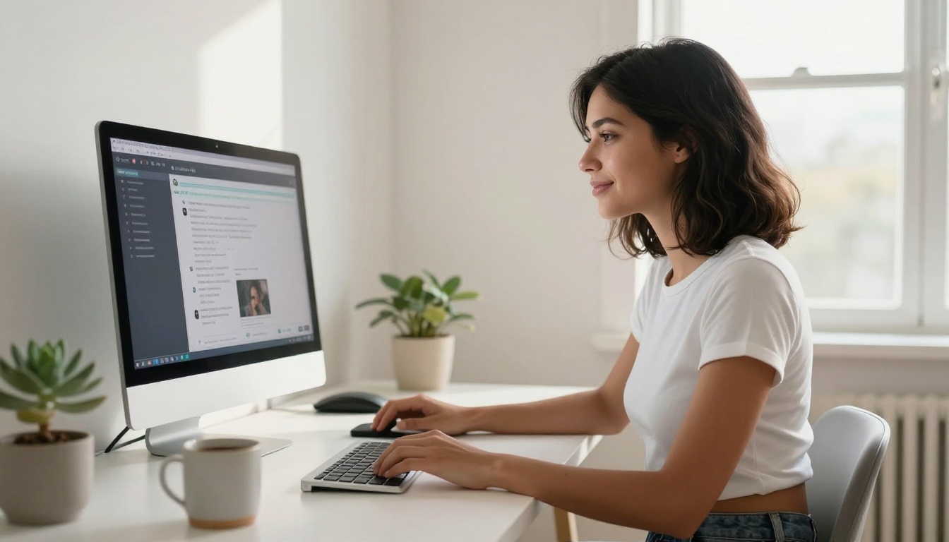 Woman using AI interface on a modern desktop setup Woman using AI interface on a modern desktop setup