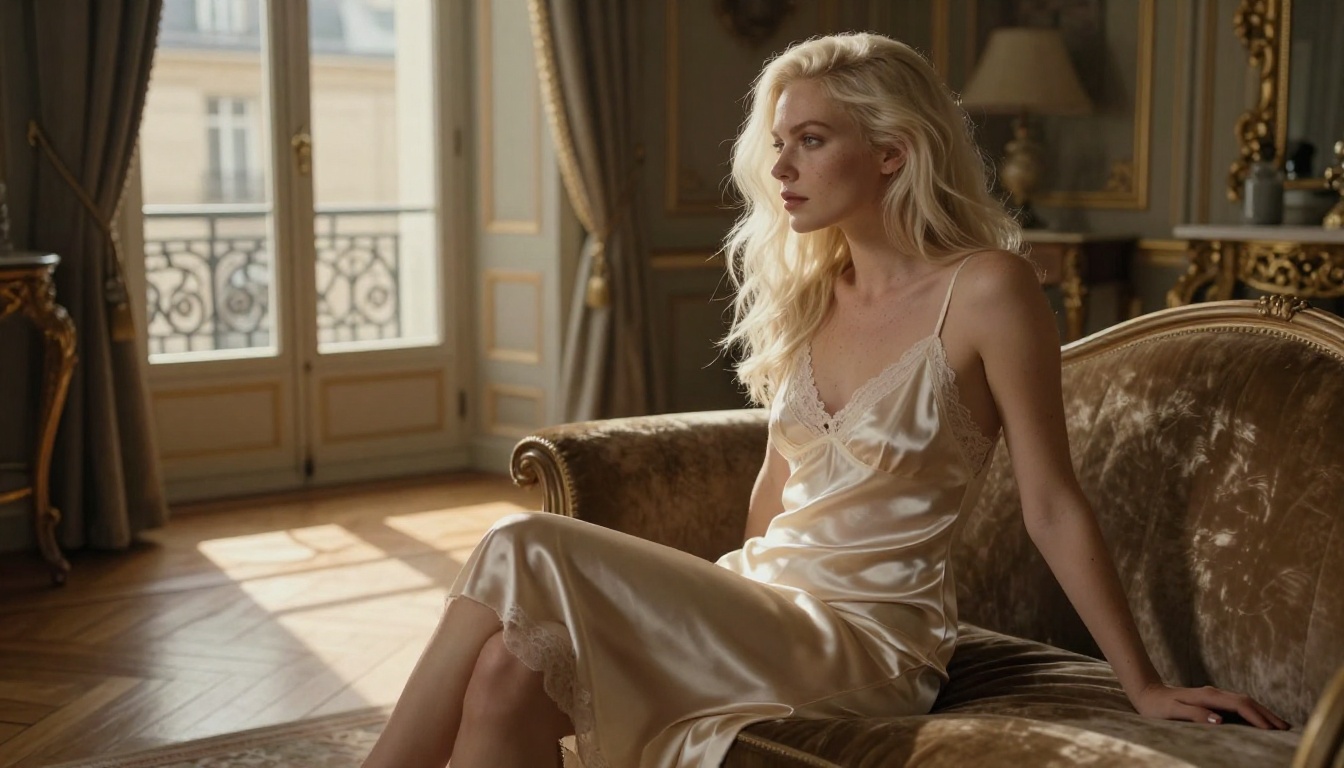 Elegant woman in sheer silk dress sitting by Parisian window, golden afternoon light Elegant woman in sheer silk dress sitting by Parisian window, golden afternoon light