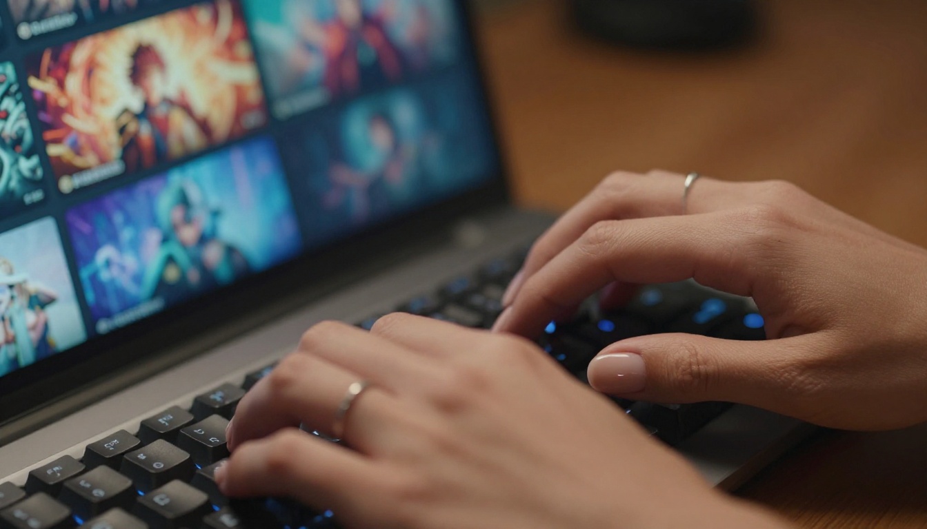 Close-up of feminine hands typing prompts on a mechanical keyboard, monitor glow in background Close-up of feminine hands typing prompts on a mechanical keyboard, monitor glow in background