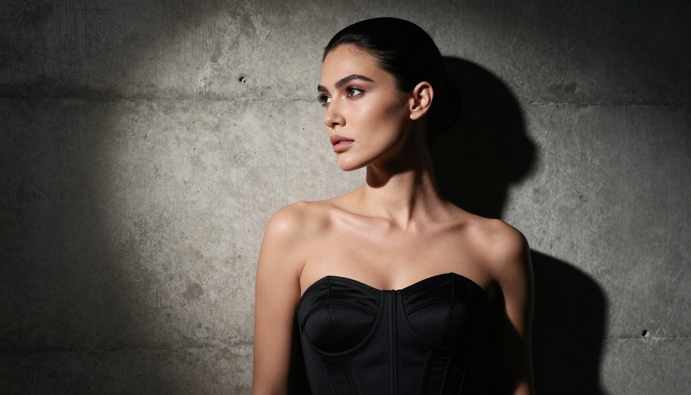 Striking woman in black structural dress against industrial concrete wall, dramatic spotlight