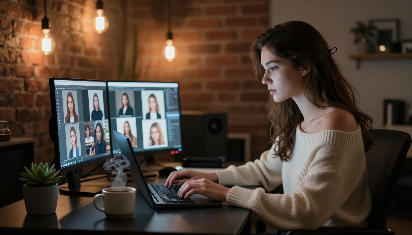 Woman at creative studio desk with glowing laptop screen illuminating her face
