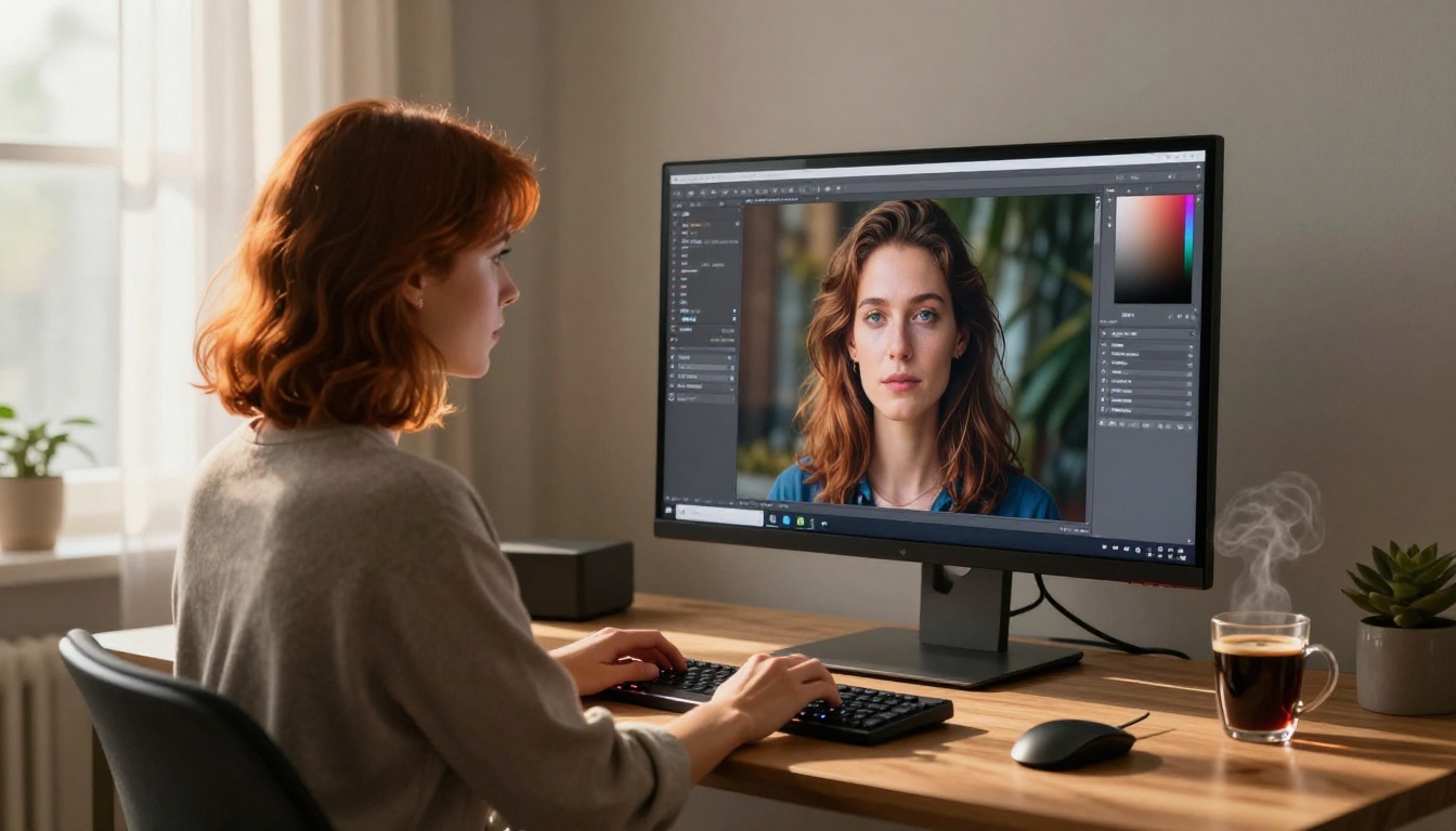 Woman working with AI image generation on a 4K monitor Woman working with AI image generation on a 4K monitor