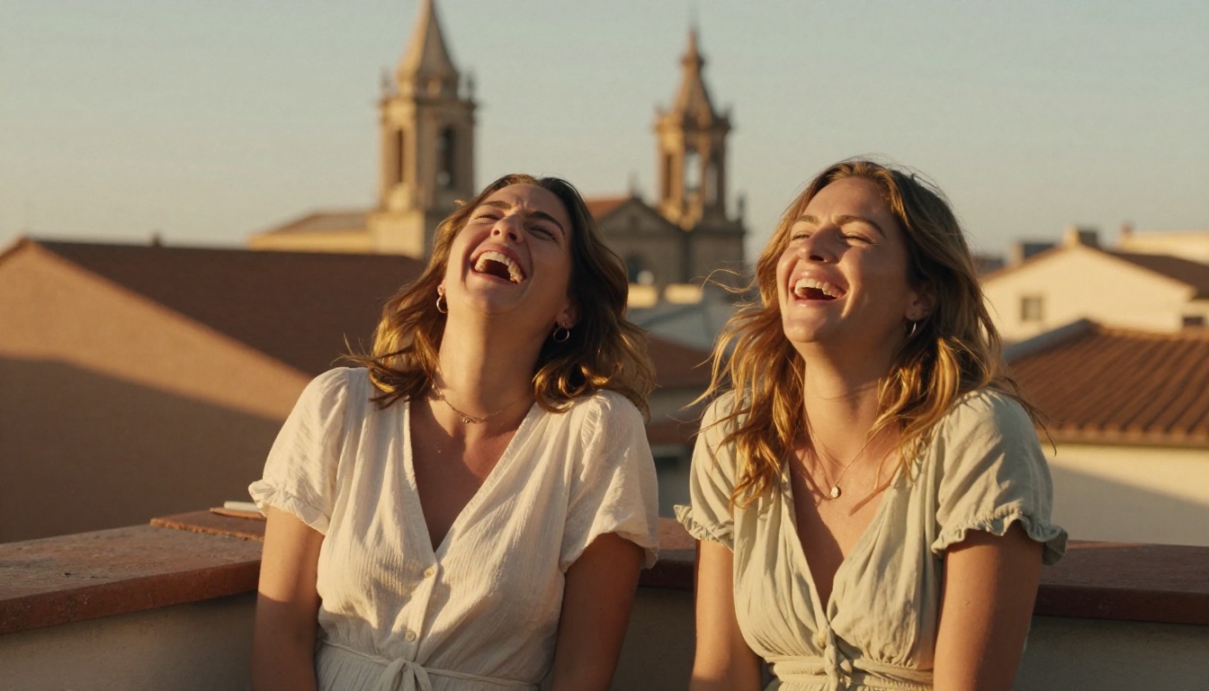 Two women laughing together on a rooftop at golden hour Two women laughing together on a rooftop at golden hour