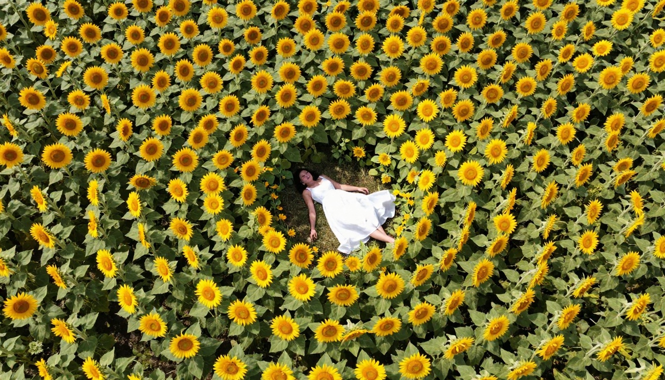 Aerial overhead view of woman in sunflower field Aerial overhead view of woman in sunflower field