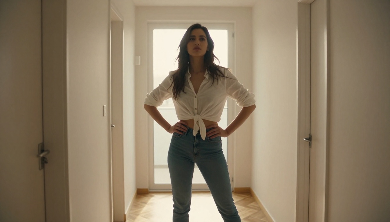 Confident woman in low-angle shot standing in modern apartment hallway with morning backlight