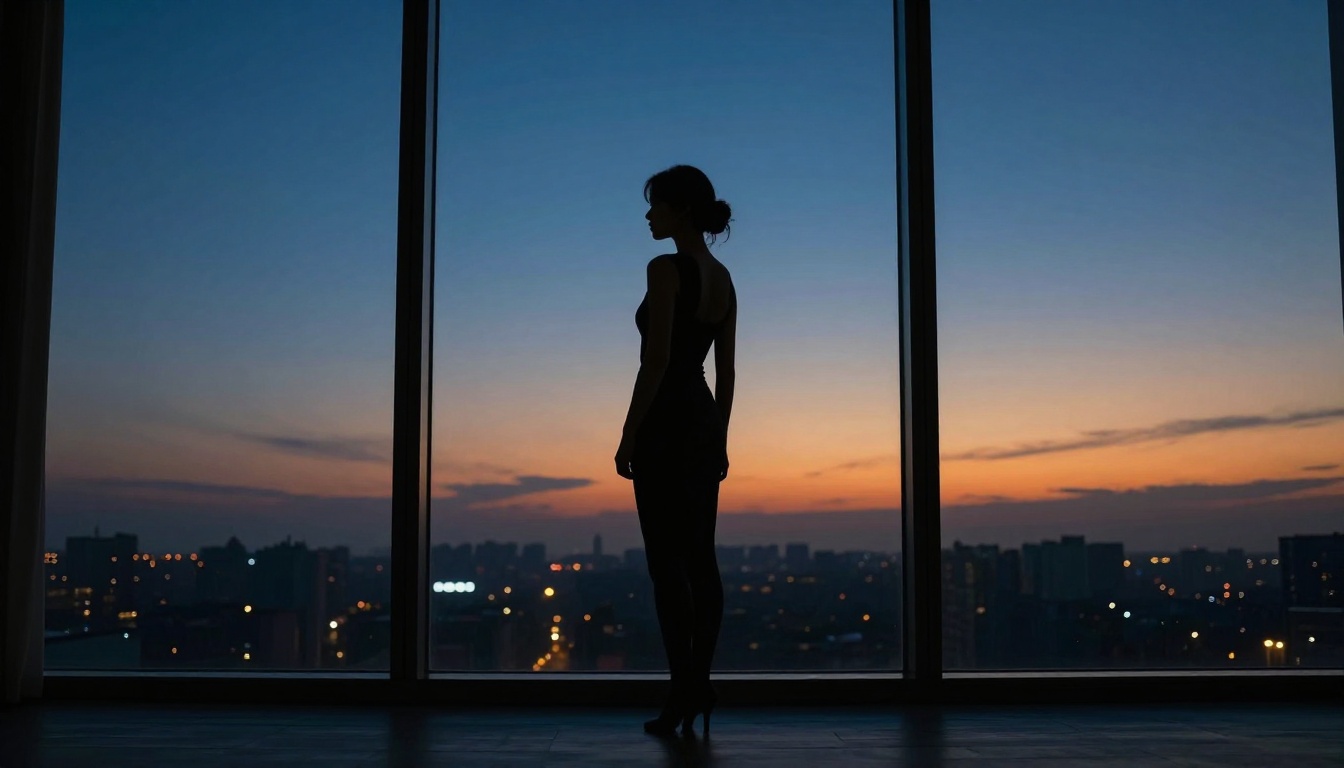 Elegant woman silhouette standing at floor-to-ceiling windows with twilight city skyline Elegant woman silhouette standing at floor-to-ceiling windows with twilight city skyline