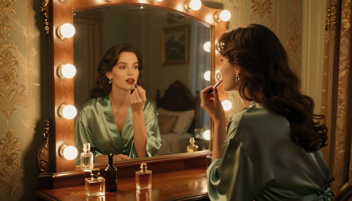 Woman at Hollywood vanity mirror in warm golden light
