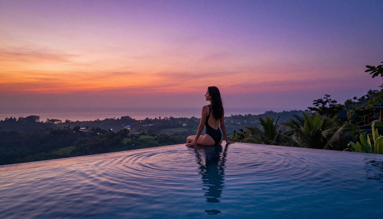 Woman sitting at infinity pool edge at dramatic sunset