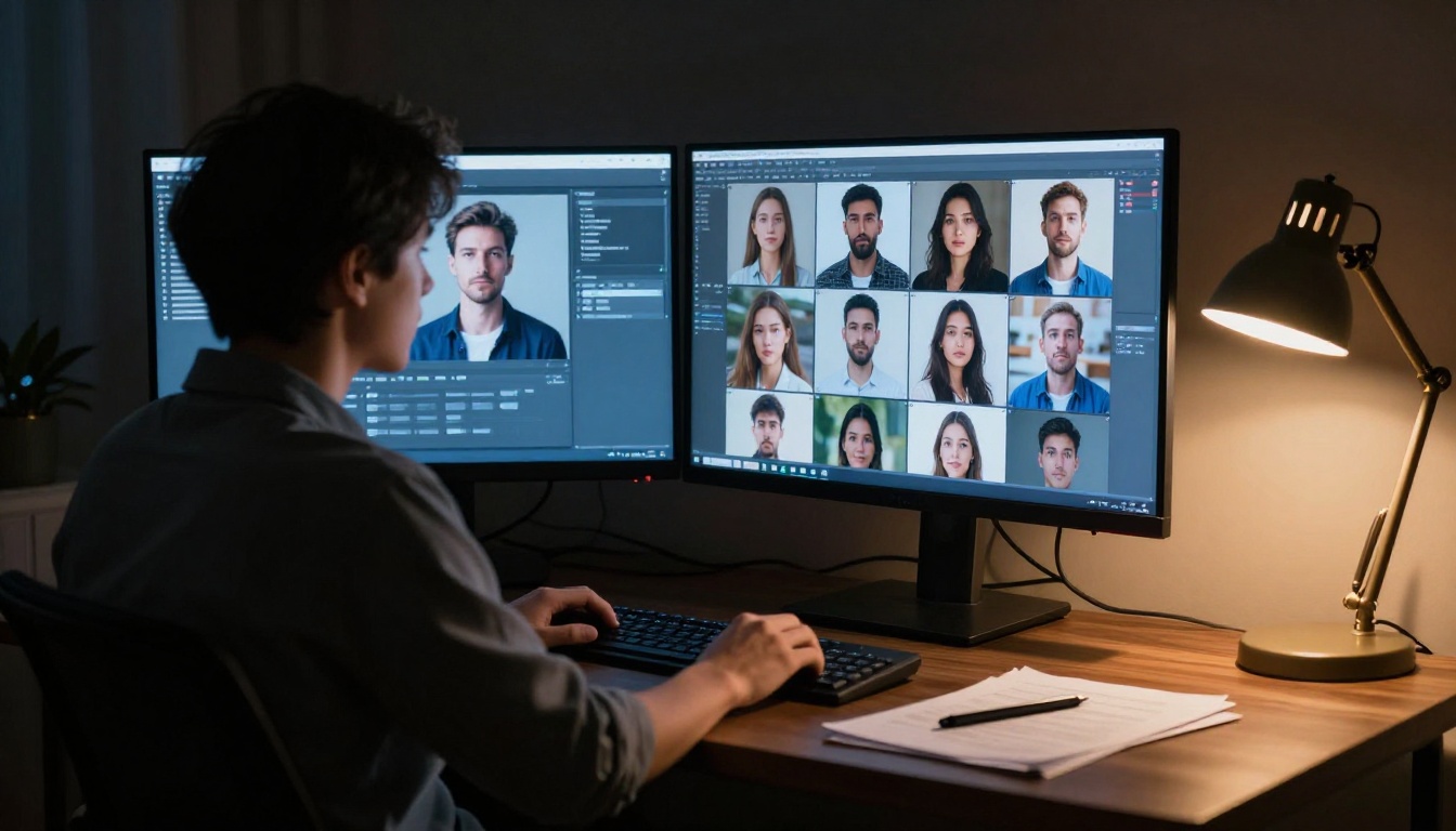 Creative professional at dual-monitor workstation generating AI images at night