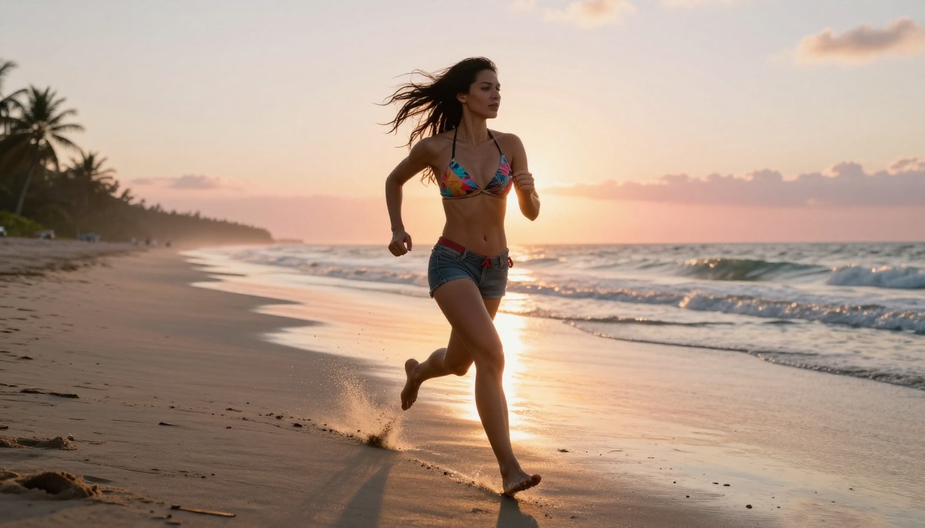 Athletic woman running barefoot along a tropical beach at sunrise with dynamic motion blur Athletic woman running barefoot along a tropical beach at sunrise with dynamic motion blur