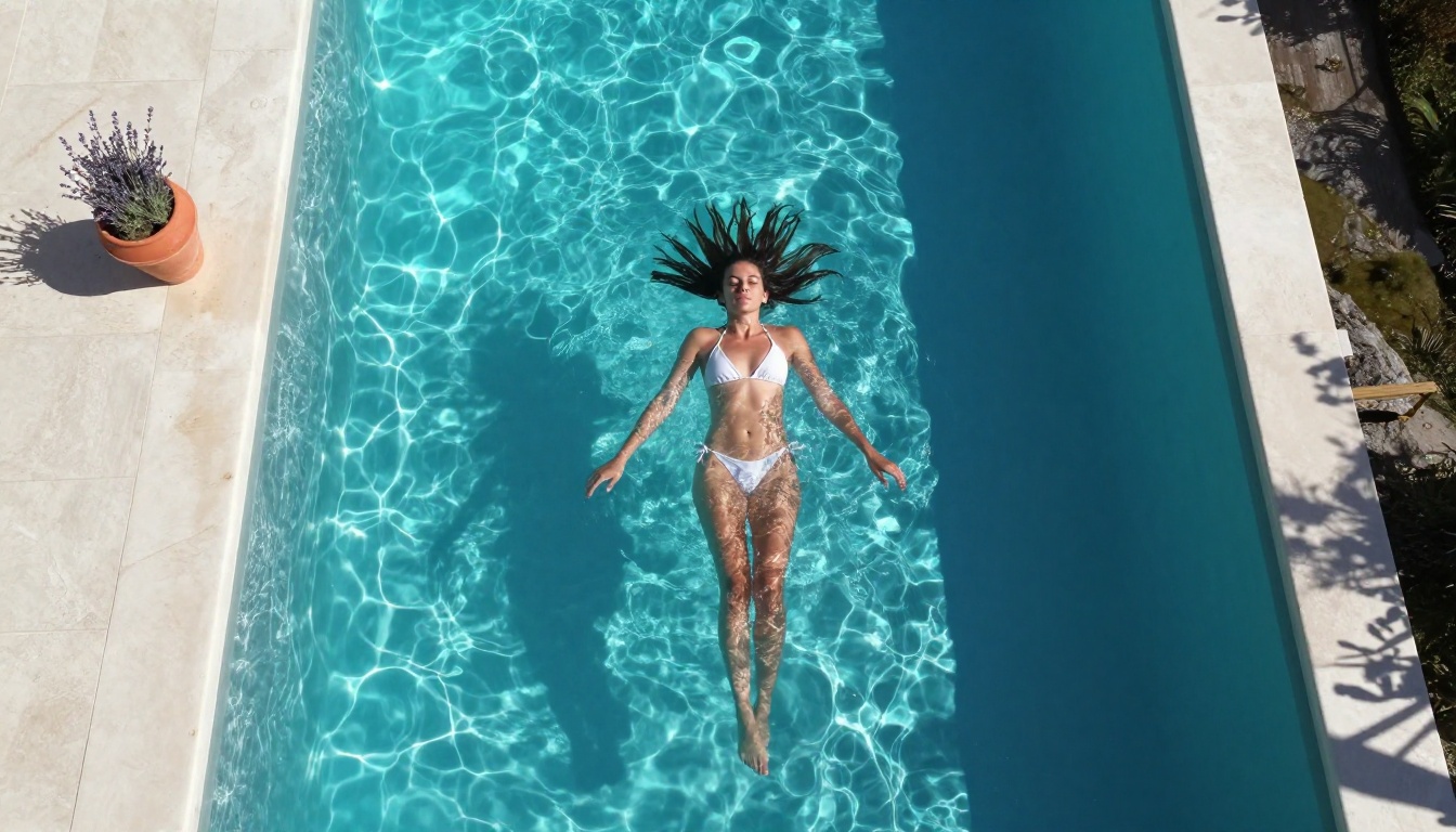 Aerial drone shot of woman floating in infinity pool