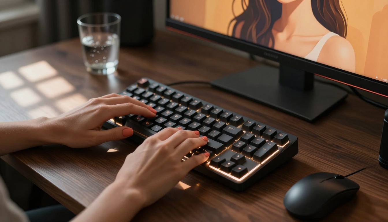 Hands typing prompts at a glowing AI workstation Hands typing prompts at a glowing AI workstation