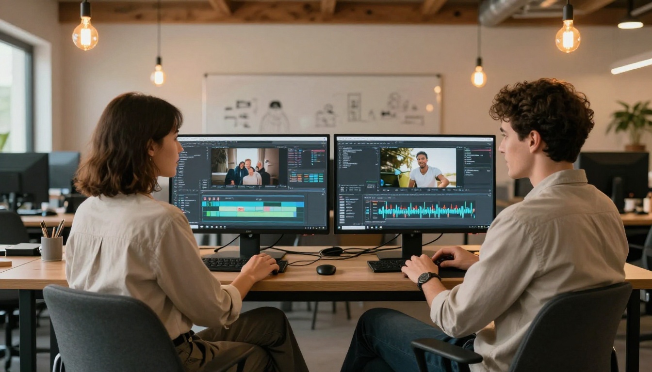 Two creative professionals reviewing AI content together