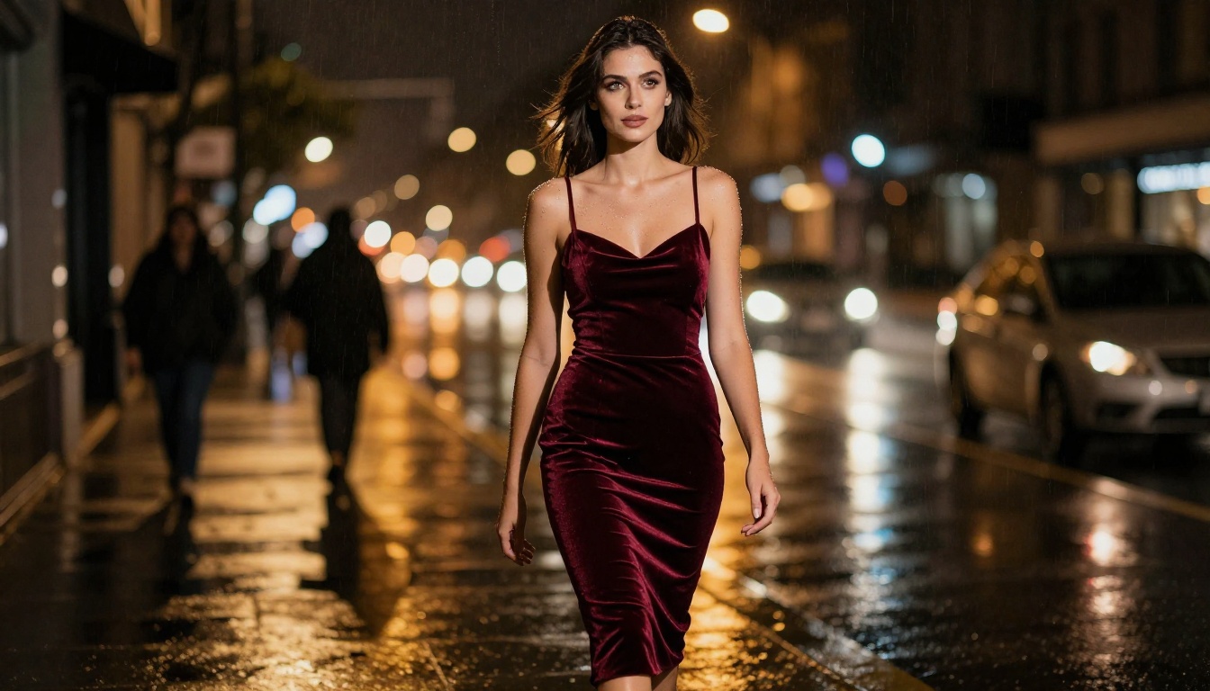 Woman walking confidently on a rain-slicked city street at night