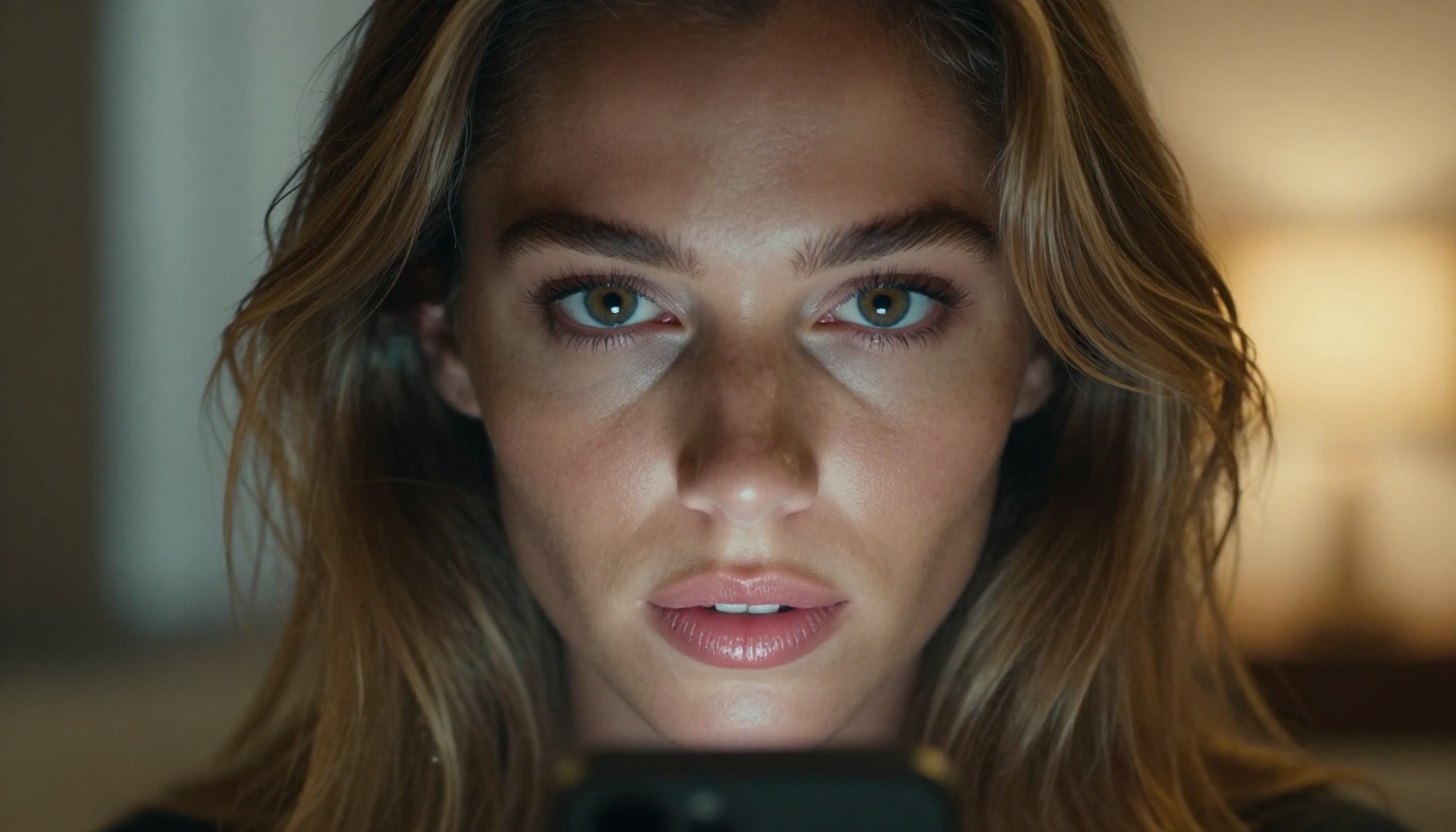 Beautiful woman with smartphone reflecting AI interface glow
