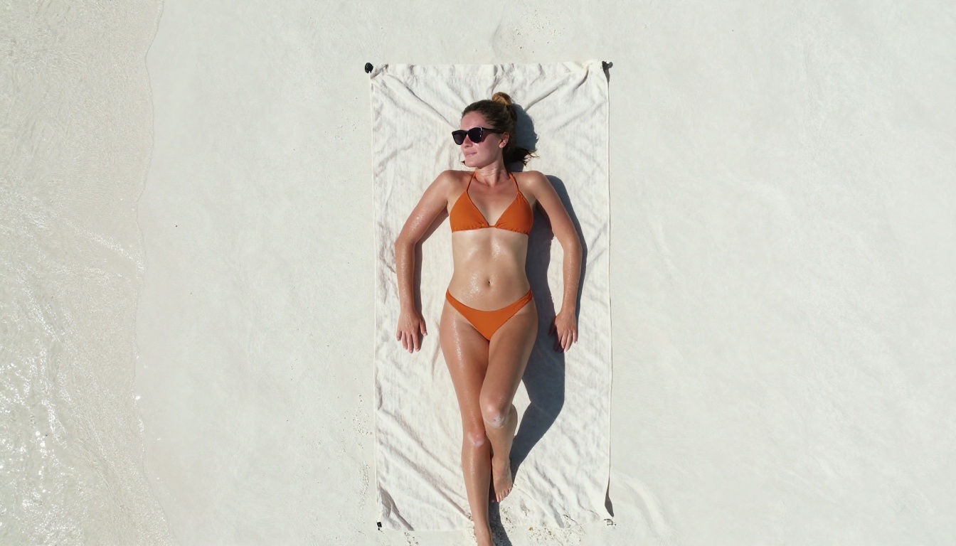 Aerial top-down view of woman sunbathing on white tropical beach