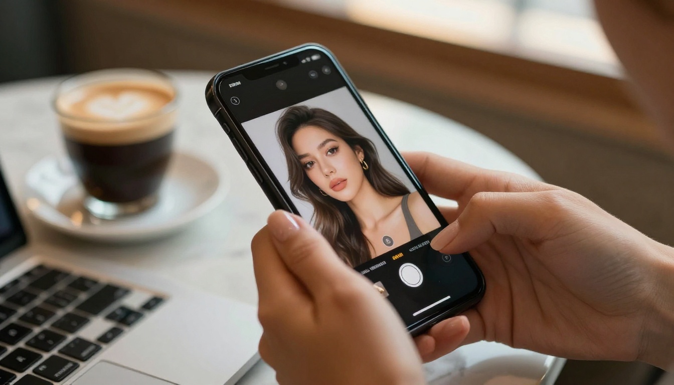 Hands holding smartphone showing AI image generation interface at a cafe