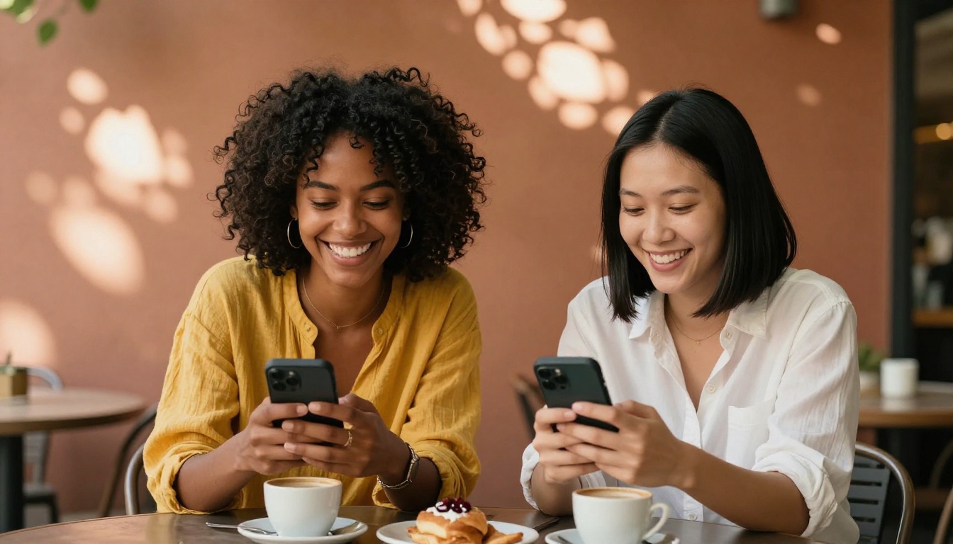Two women comparing AI-generated photos on smartphones at a sunny outdoor cafe