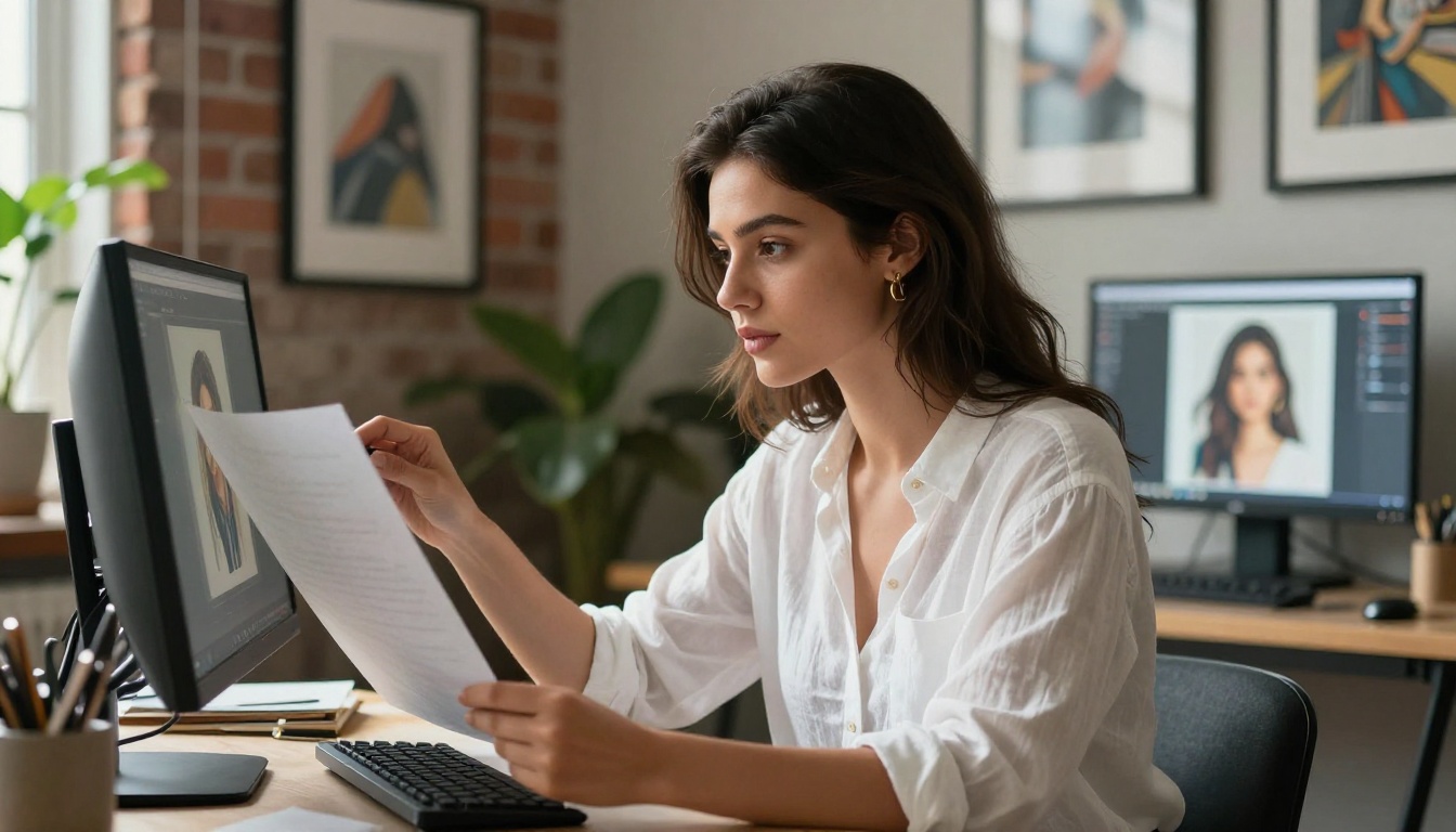 Woman at creative AI workstation examining generated artwork on dual monitors