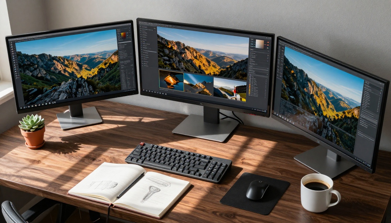 Top-down aerial view of creative desk setup with three monitors showing AI-generated imagery