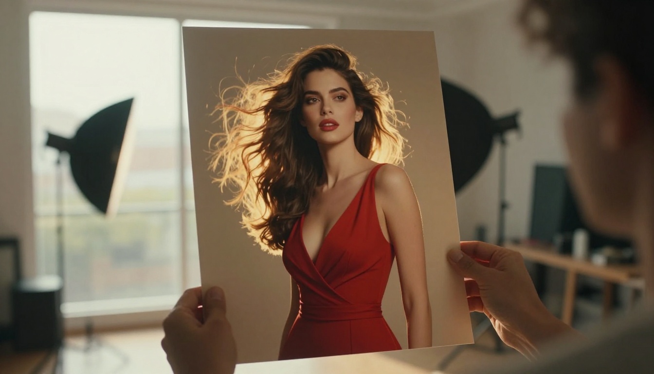 Glamour print held against sunlit window, creating a warm golden halo backlight effect