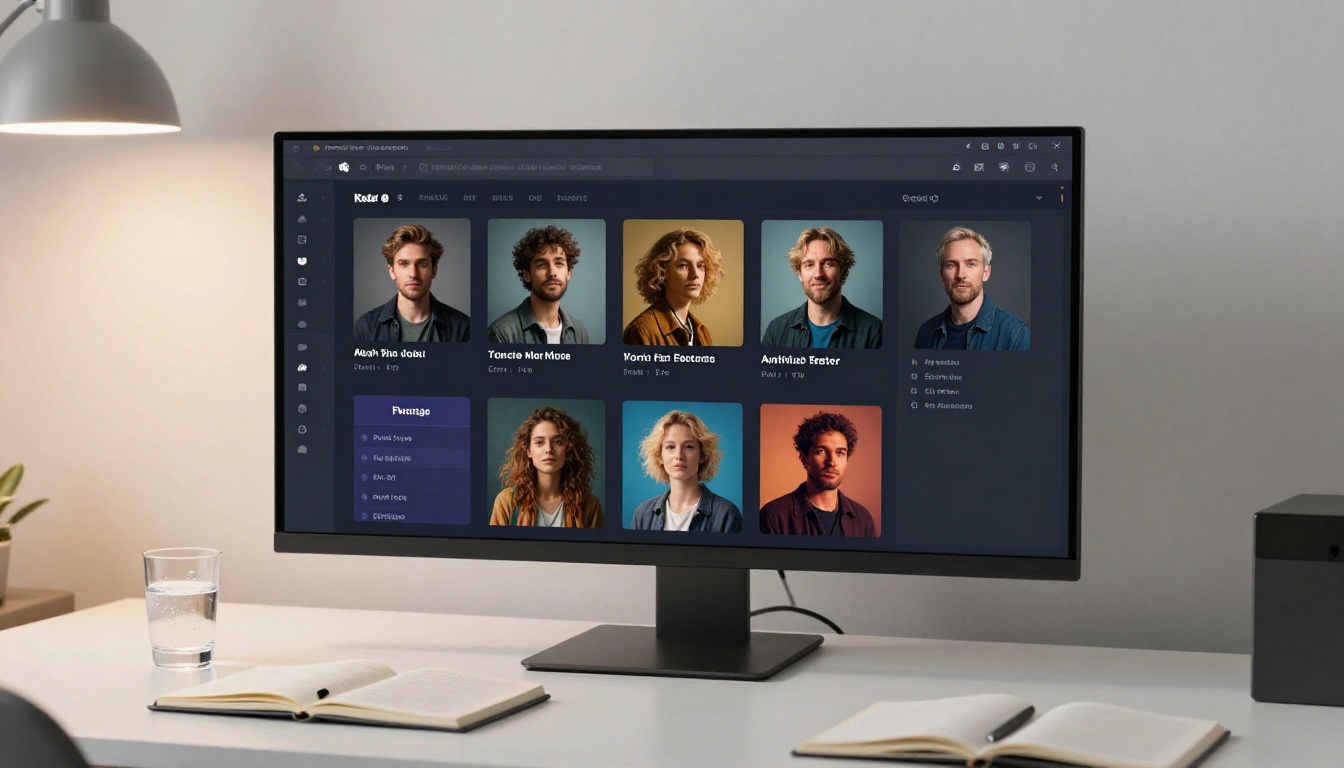 Dark-mode AI platform interface on a curved monitor showing a grid of models and sample outputs