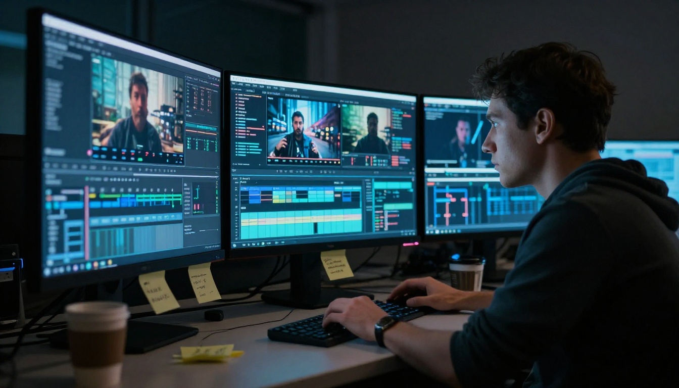 Professional video editor working late in a dark editing suite, monitors displaying AI-generated video frames