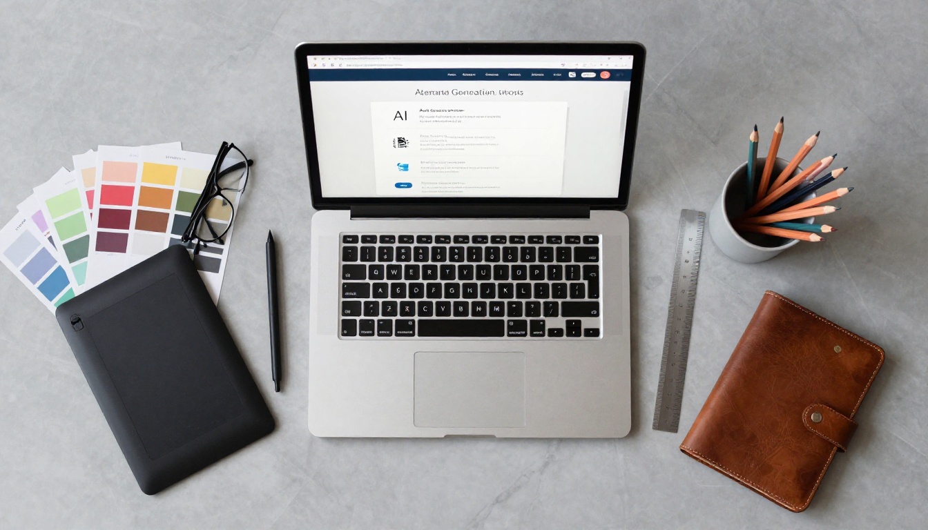 Flat-lay of open laptop displaying AI art platform interface on marble surface, surrounded by creative tools