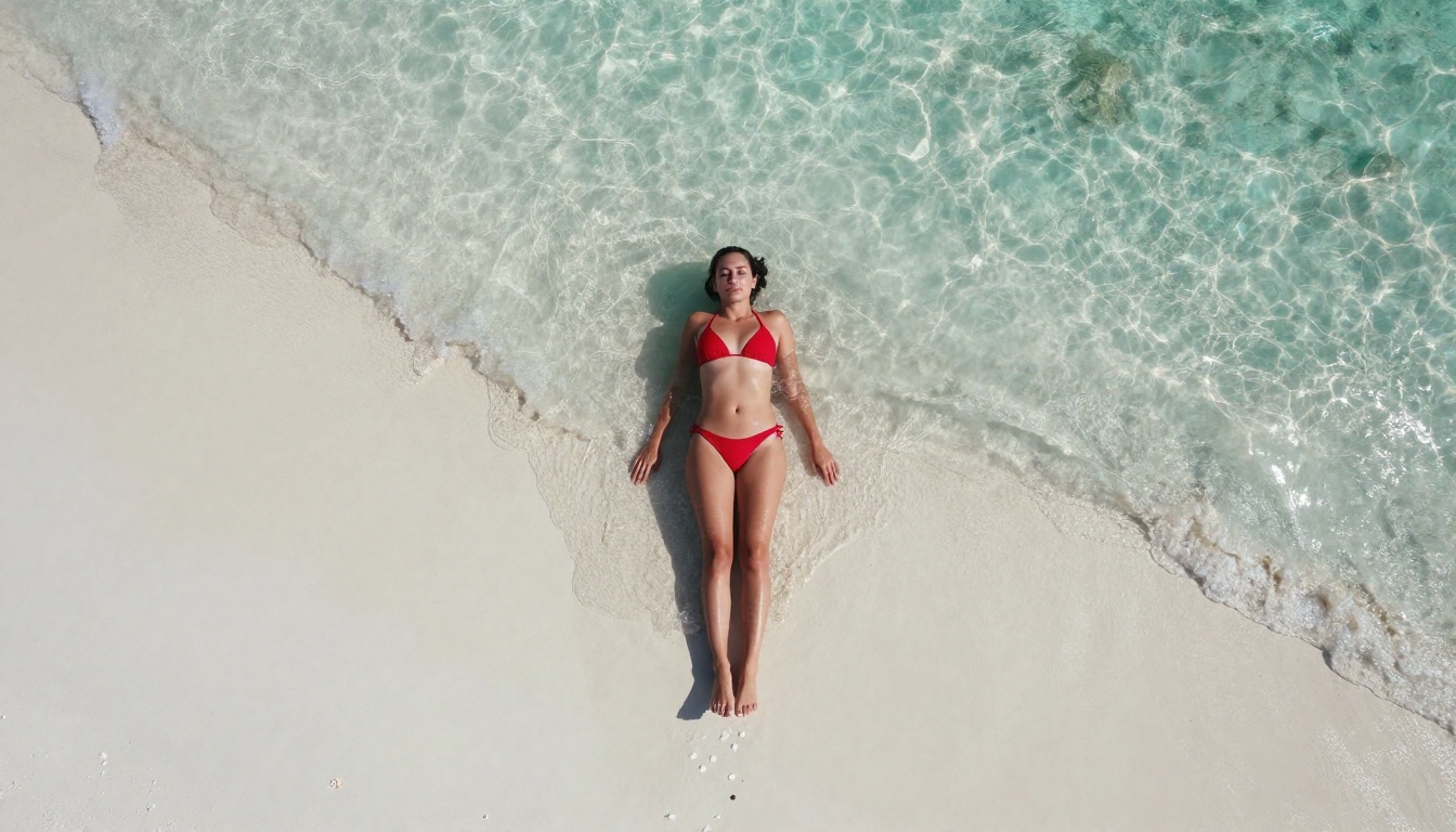 Aerial view of a woman in a red string bikini on white sand beach, Kodak Ektar 100 film rendering, RAW photography