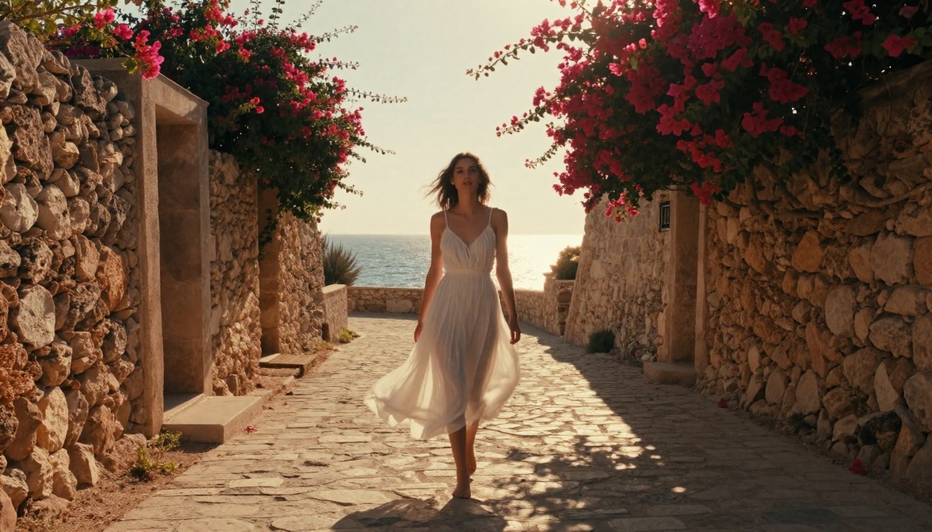 A woman walking barefoot on a Mediterranean coastal path at golden hour, backlit silhouette, Nikon Z6, Cinestill 800T