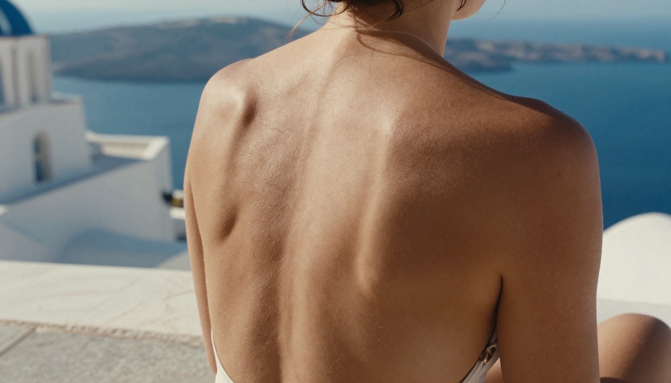 Close-up of bare shoulders and back on a Santorini marble terrace, Canon 100mm macro, Fuji Velvia 50