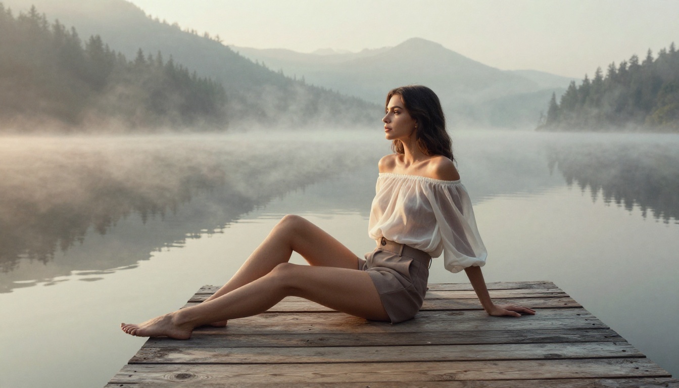 A woman on a misty mountain lake dock at dawn, Sony 85mm GM lens, Kodak Portra 400