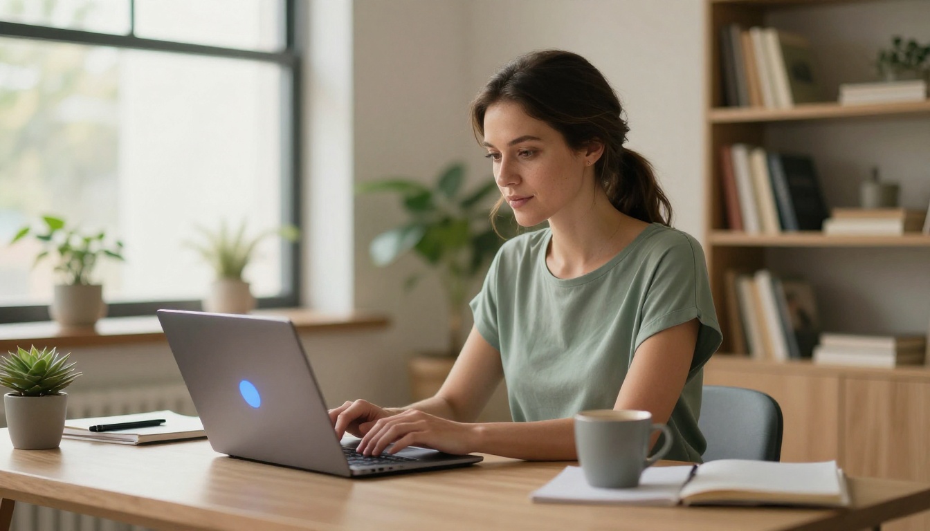 Woman working at minimalist home office desk with warm natural light and sage green top
