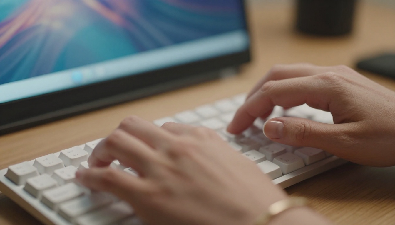 Extreme close-up of hands typing on white keyboard with glowing laptop screen in background