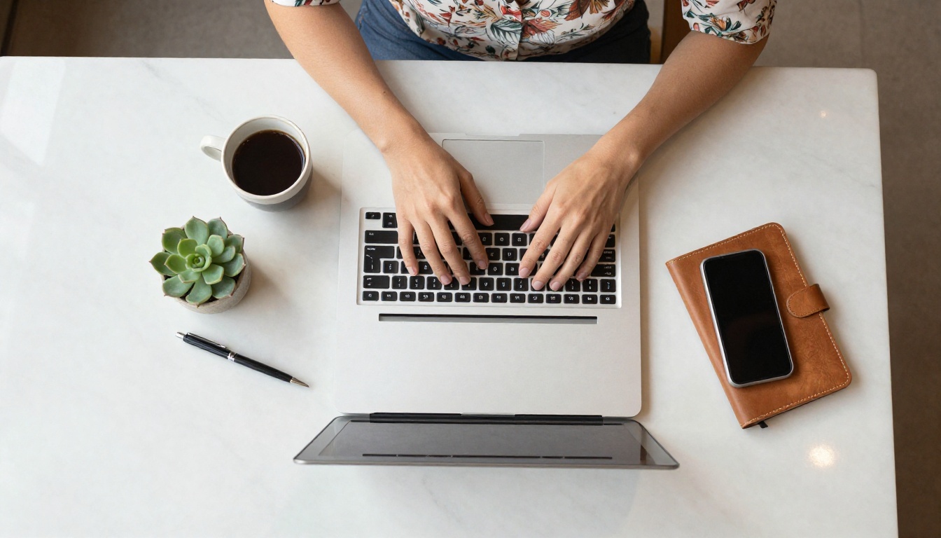 Aerial top-down view of woman working at white marble cafe table with laptop coffee and notebook