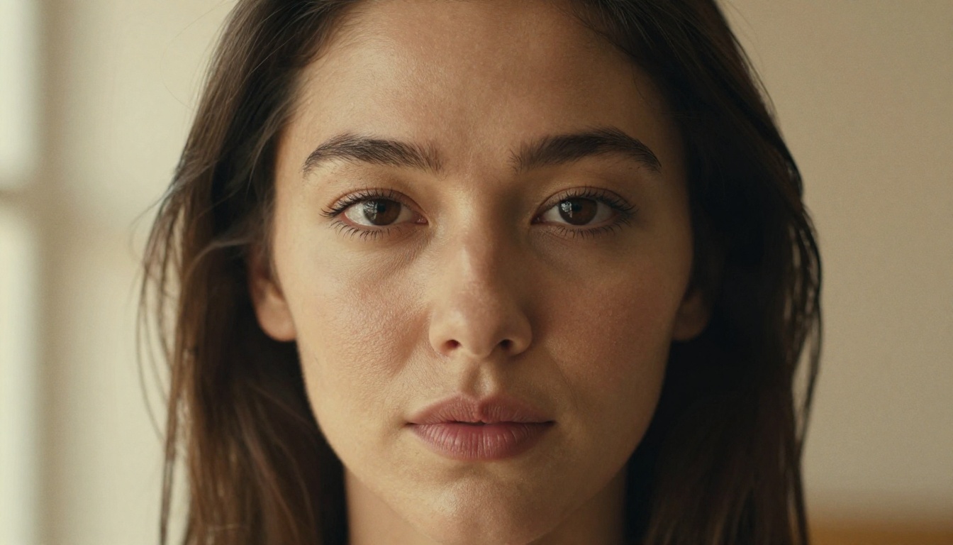 Close-up portrait of beautiful woman with natural skin texture looking directly at camera in warm morning light