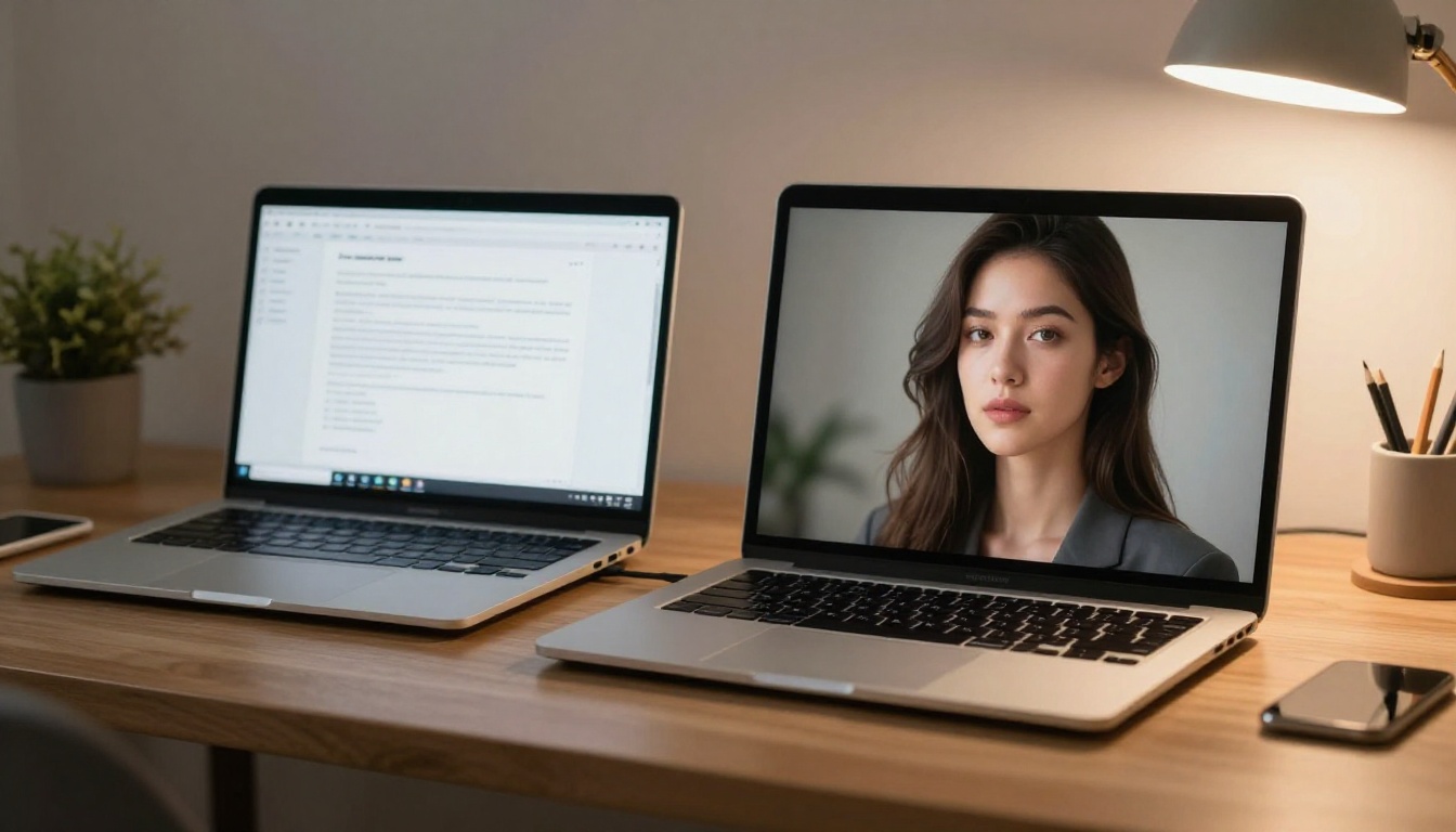 Two laptops side by side showing AI prompt interface and generated portrait on a wooden desk