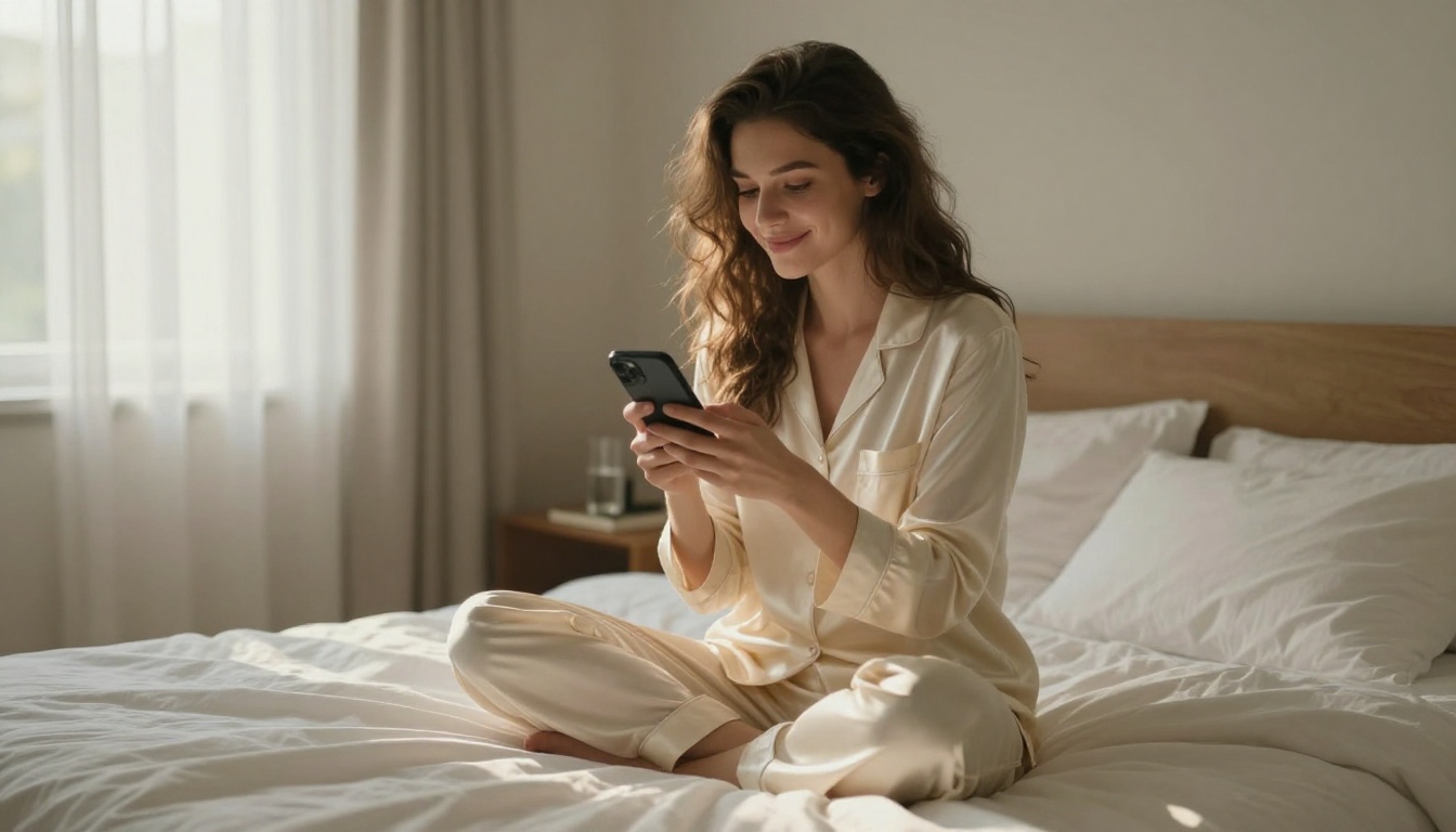 Stylish woman in cream satin pajamas on white bed holding smartphone with soft morning halo light