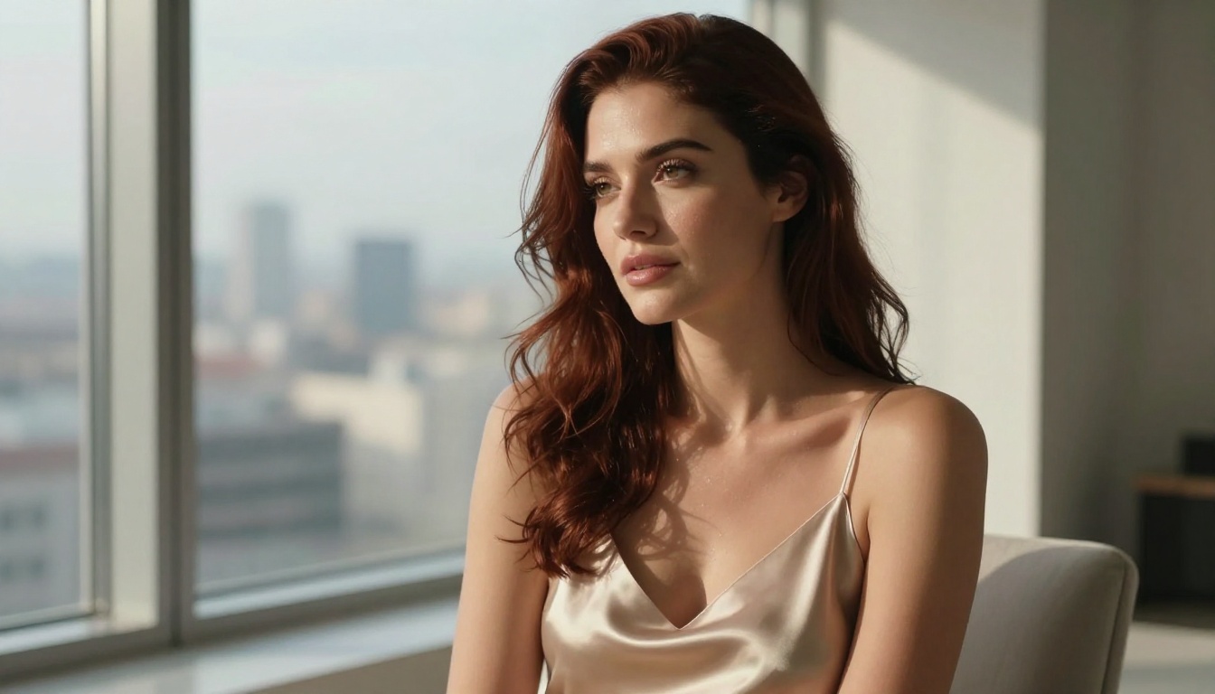 Woman in champagne satin slip dress by minimalist apartment window, soft morning light, 85mm f/1.4 portrait